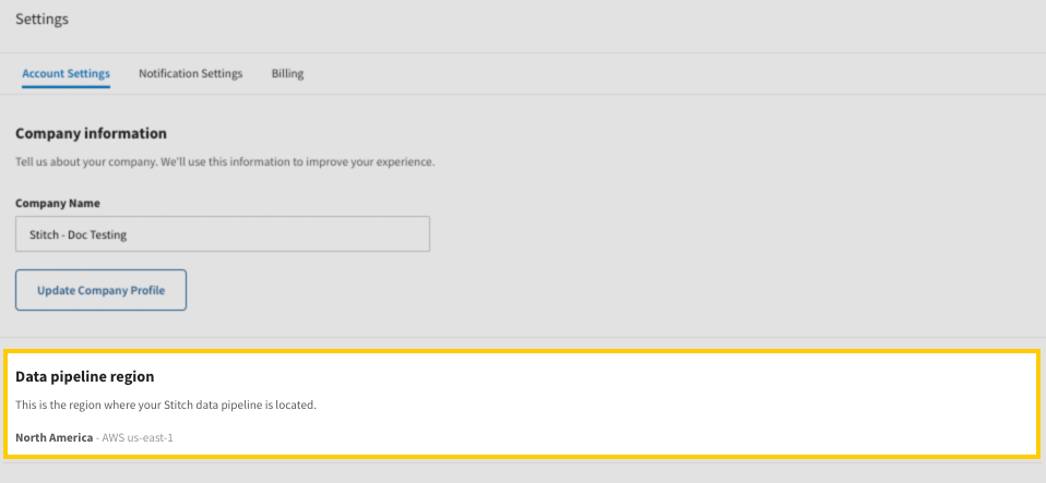 The Data Pipeline Region section of the Stitch Account Settings page