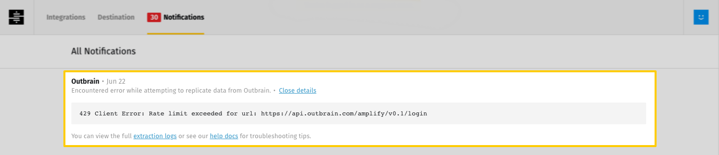 A plain-text error message for an Outbrain integration in the Notifications tab in the Stitch app