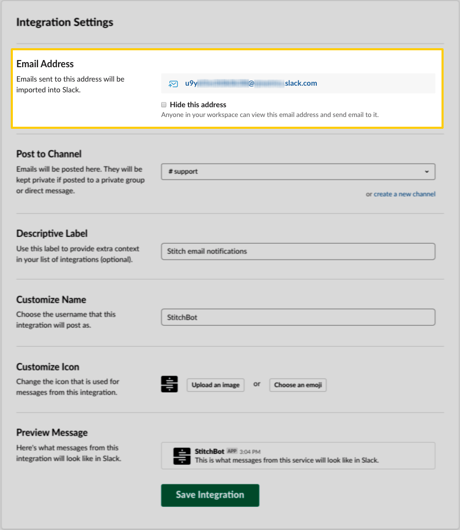 Slack Email App integration settings with the Email Address field highlighted