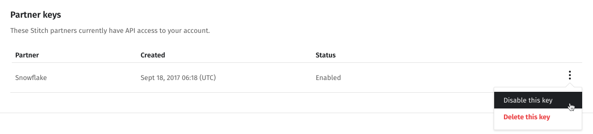 Disabling a partner key in Stitch