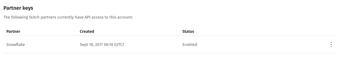 A Snowflake partner listed in the Partner keys table in Stitch