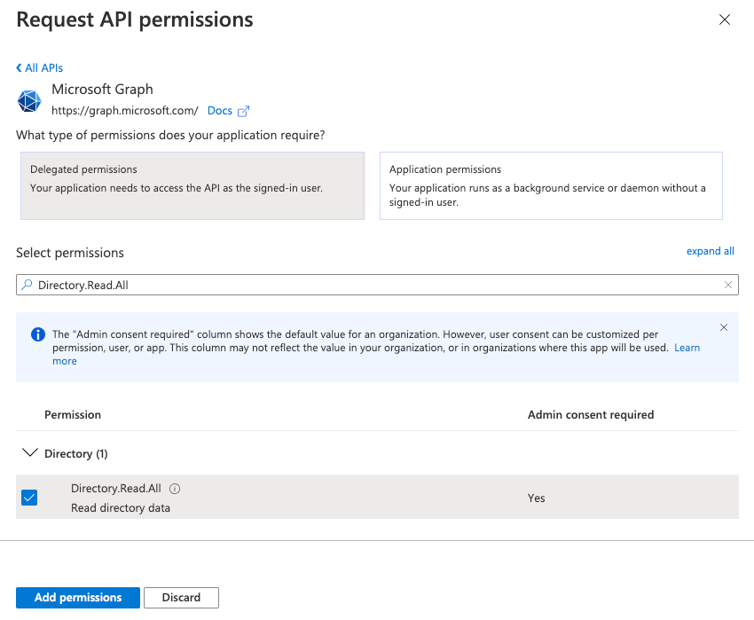 The Request API permissions page in Azure with the Directory.Read.All permission displayed and checked