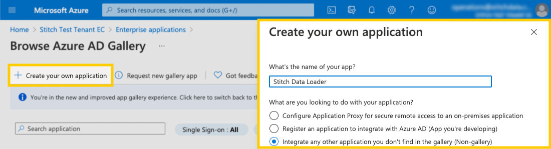 Populated fields in the Create your own application page in the Azure AD Gallery