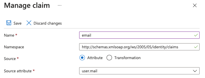 The Manage Claim page in Azure for the user.mail user attribute