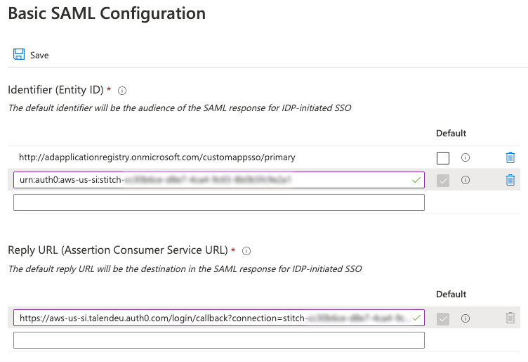 Populated Identifier and Reply URL fields in the Basic SAML Configuration page in Azure