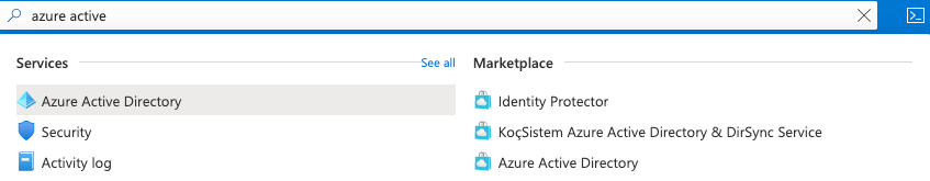The Azure Active Directory search result on the Azure dashboard