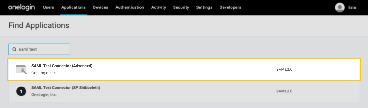 Highlighted SAML Test Connector (Advanced) app in OneLogin application search results