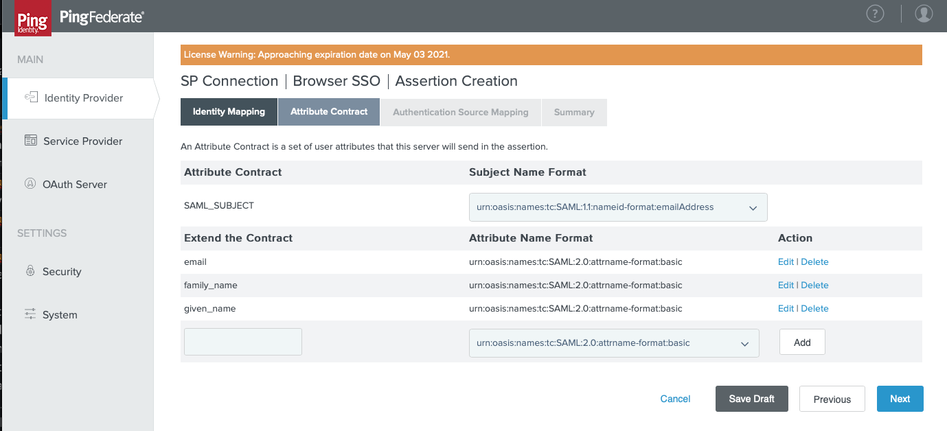 Identity Mapping tab in the SP Connection > Browser SSO setup flow