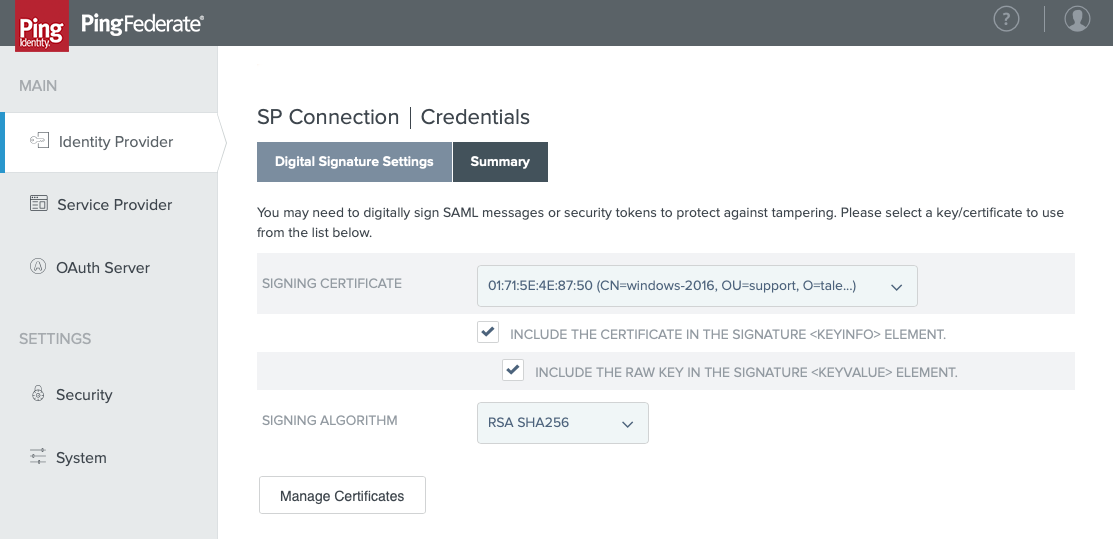 Digital Signature Settings tab in the SP Connection > Credentials setup flow