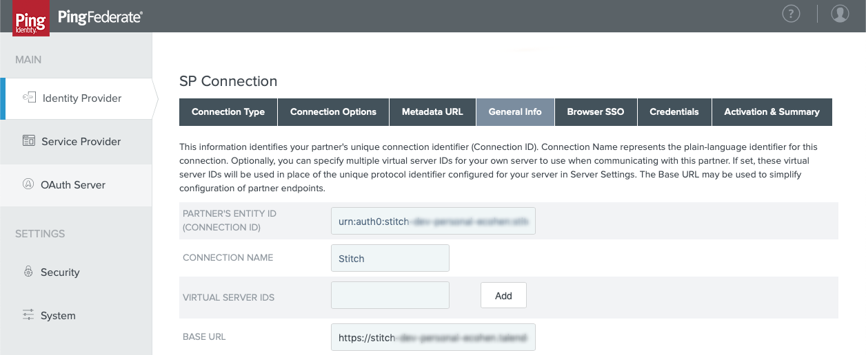 General Info tab of the SP Connection setup flow in PingFederate