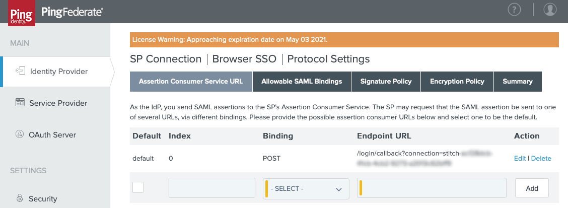 Assertion Consumer Service URL tab in the SP Connection > Browser SSO configuration flow