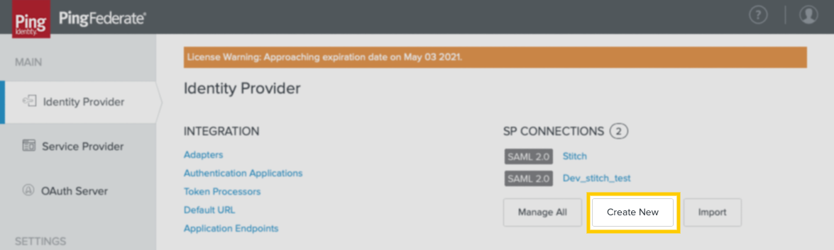 Create New button, highlighted, in the Identity Provider page of PingFederate