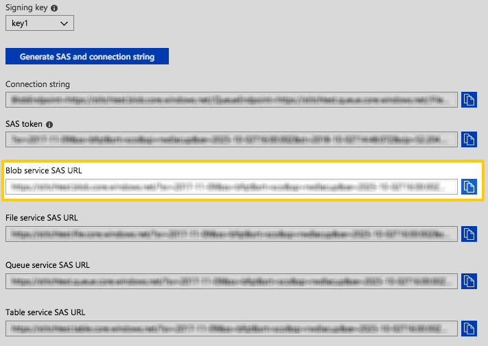 The Blob Service SAS URL field, highlighted