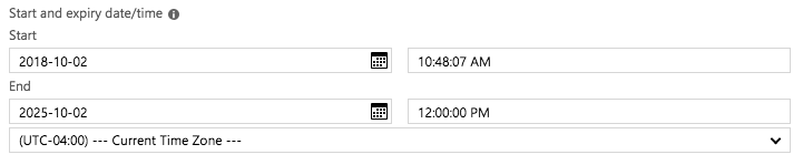 Start and end dates for Shared Access Signature generation in Microsoft Azure settings