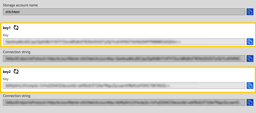 Highlighted Key fields for the Storage Access Keys in Microsoft Azure