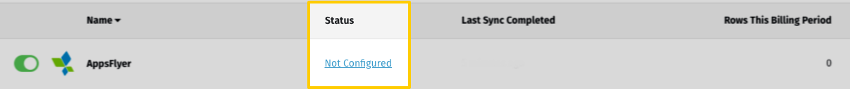 An AppsFlyer integration with a Not Configured status on the Stitch Dashboard page.