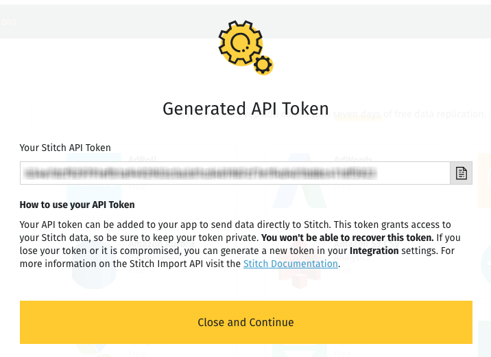 A new Import API access token in the Stitch web app