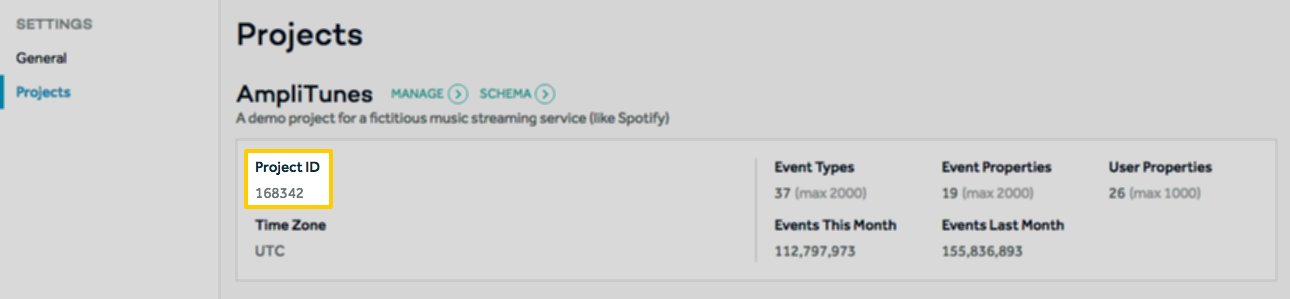 Highlighted project ID field in the Amplitude UI