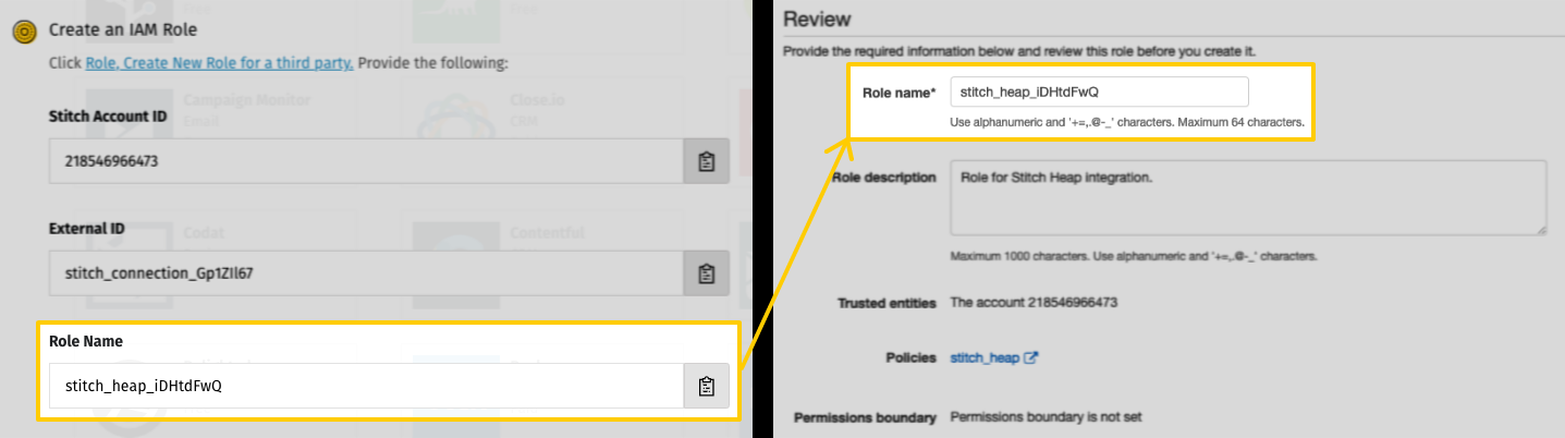 Role name field mapped from Stitch to AWS