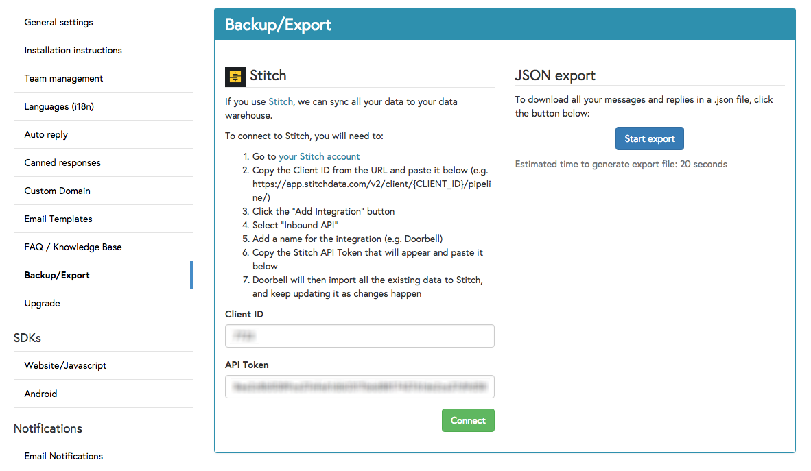 Entering Stitch API credentials in Doorbell.io