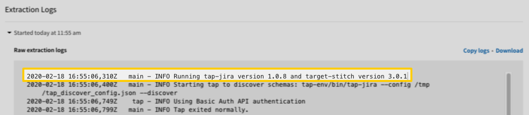 Integration version information highlighted in an integration's extraction logs