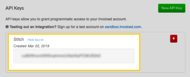 A highlighted API key field on the Developers page in the Invoiced app