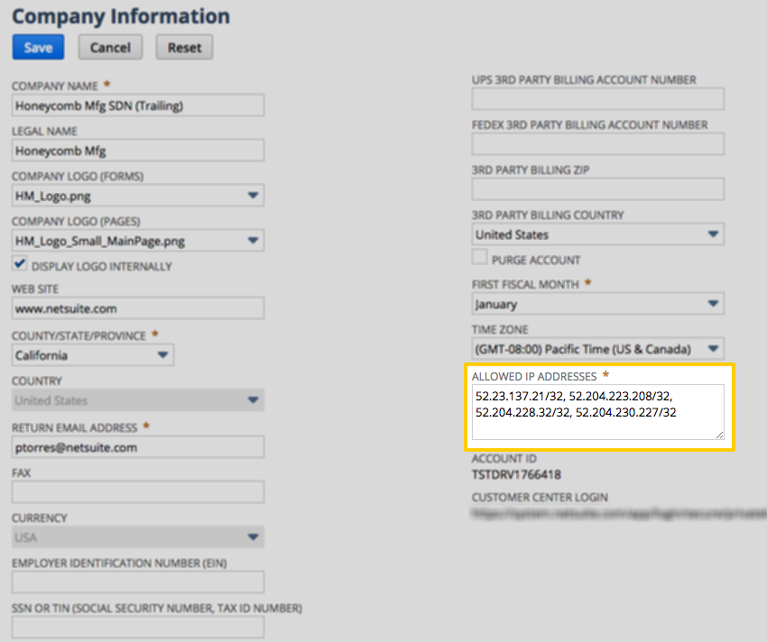 The Company Information screen in NetSuite with the Allowed IP Addresses field populated with Stitch's North America IP addresses