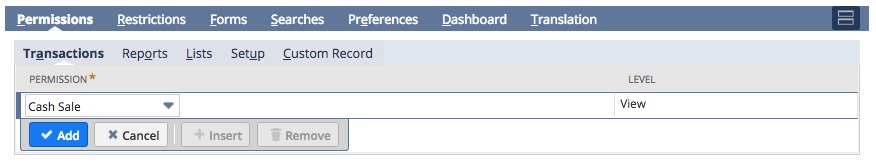 The Transactions subsection in the Permissions section of the NetSuite Create Role page