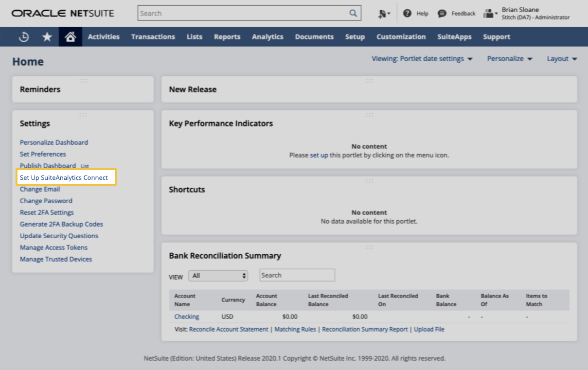 The NetSuite homepage with the Set Up SuiteAnalytics Connect option highlighted