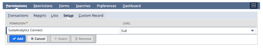 The SuiteAnalytics Connect permission in the Create Role screen in NetSuite