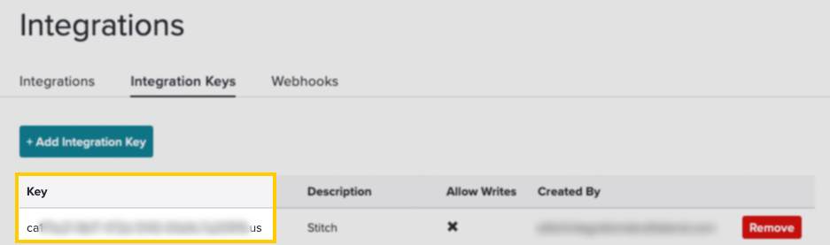 Highlighted Key column and integration key in the Integration Keys tab of the Pendo web app