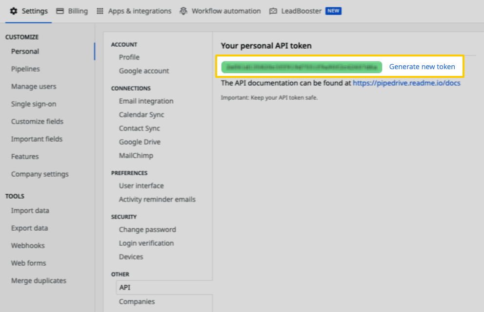 Personal API token in the Pipedrive app