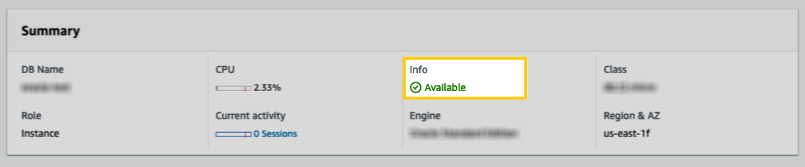 An "Available" DB instance status for an RDS instance in the AWS console