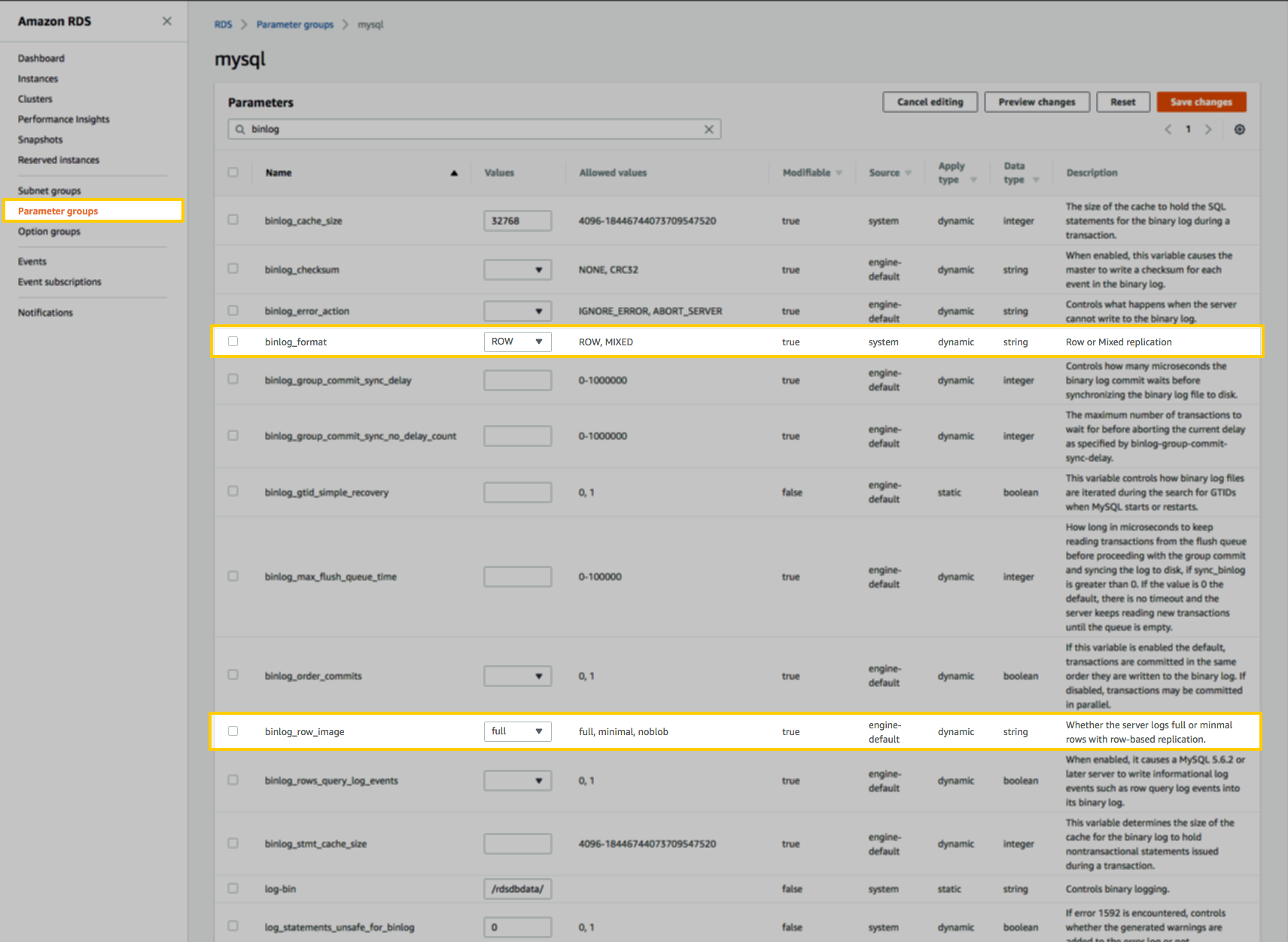 RDS MySQL parameter group page with binlog_format and binlog_row_image parameters highlighted