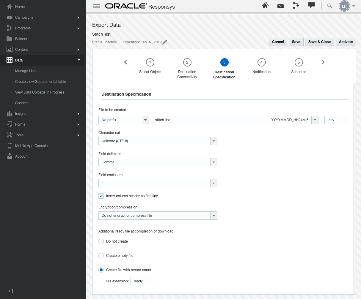 Connect Data Export Destination Specification page