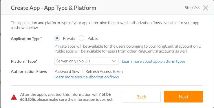 RingCentral App Type & Platform window for creating a developer app.