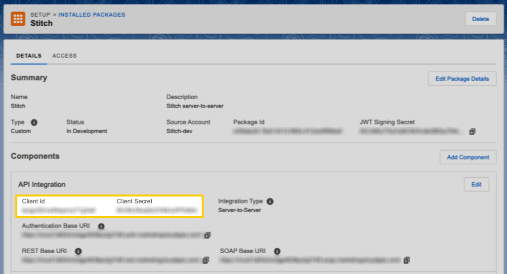 Client ID and Client Secret fields highlighted in Salesforce Marketing Cloud App Components Summary page