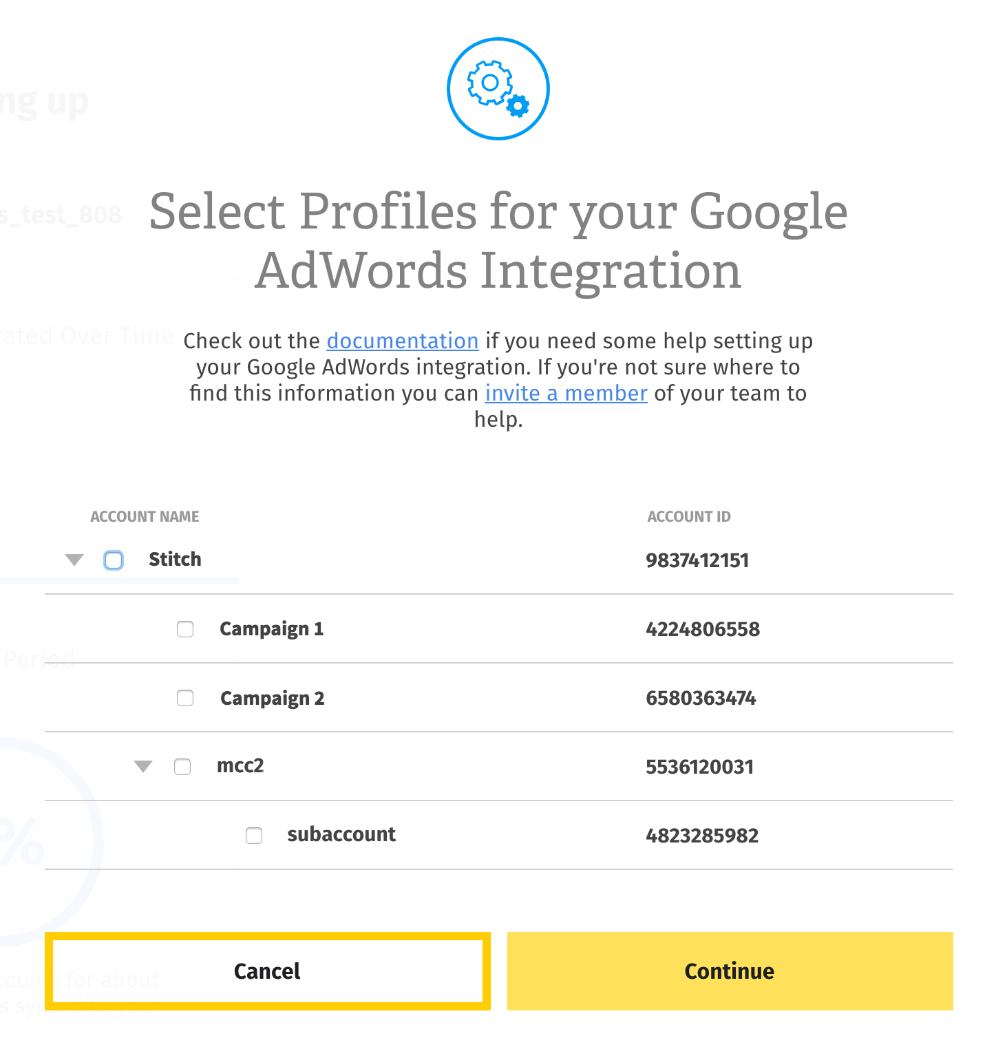 Selecting Google Ads profiles.
