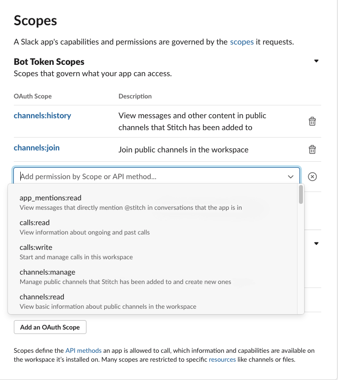 The add permission by scope or API method menu, expanded, in the Bot Token Scopes section of the Slack App Scopes page