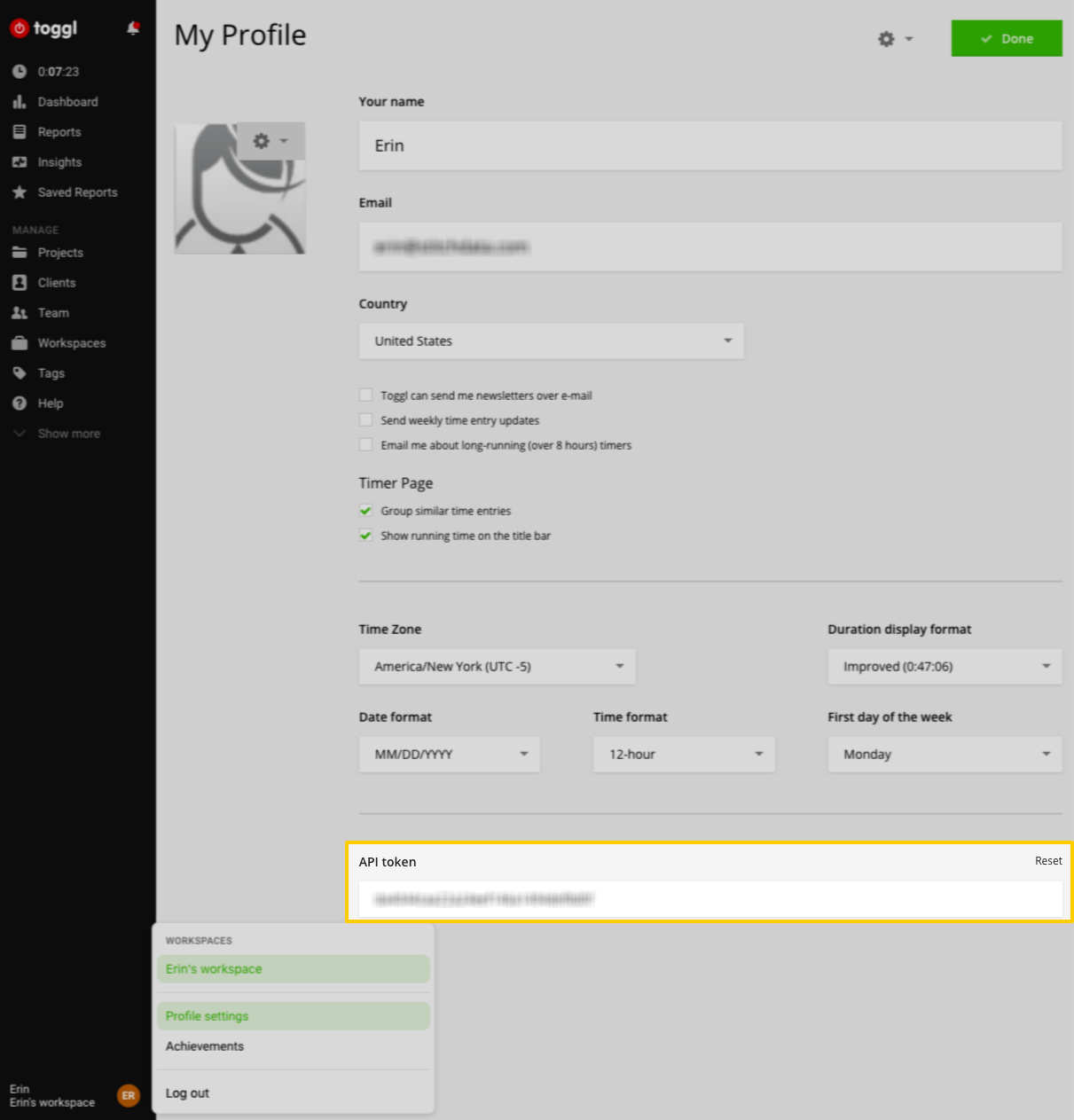 The API token field, highlighted in the Toggl Profile Settings page