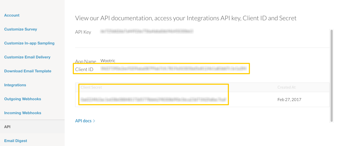 Wootric API credentials.