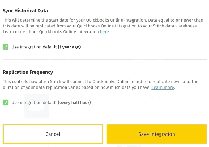 Selecting a custom start date in the Integration Settings page of the Stitch app