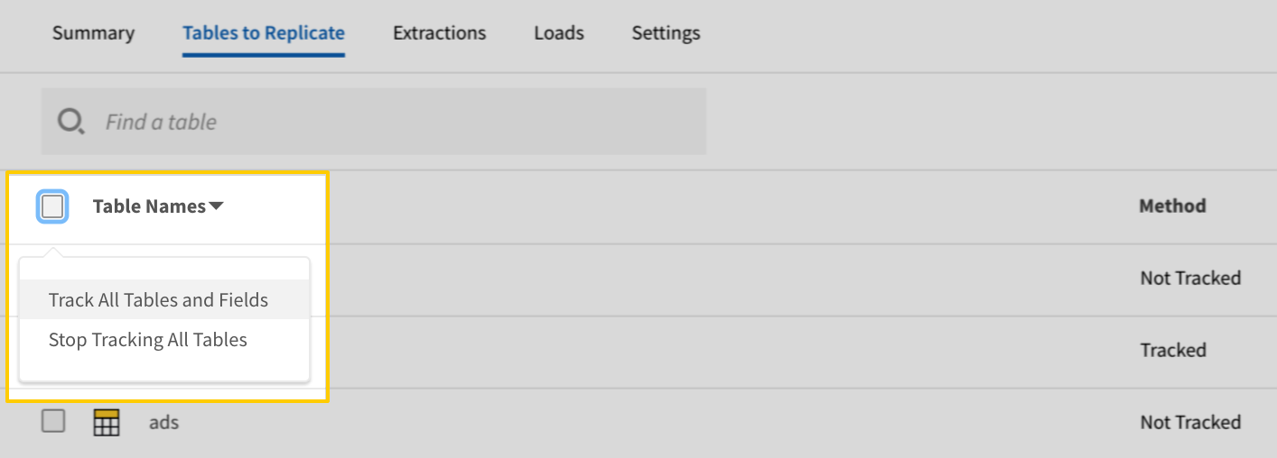 The Track all Tables and Fields menu in the Tables to Replicate tab