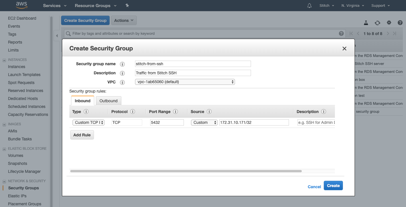 The Create Security Group window in AWS