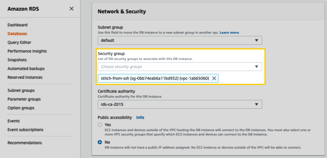 The Security Group dropdown in the Modify DB page, highlighted