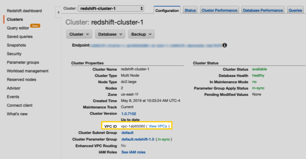 The VPC ID field in the Cluster Details page in AWS