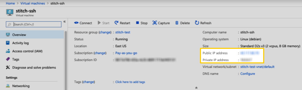 The virtual machine details page with the Public and Private IP address fields highlighted