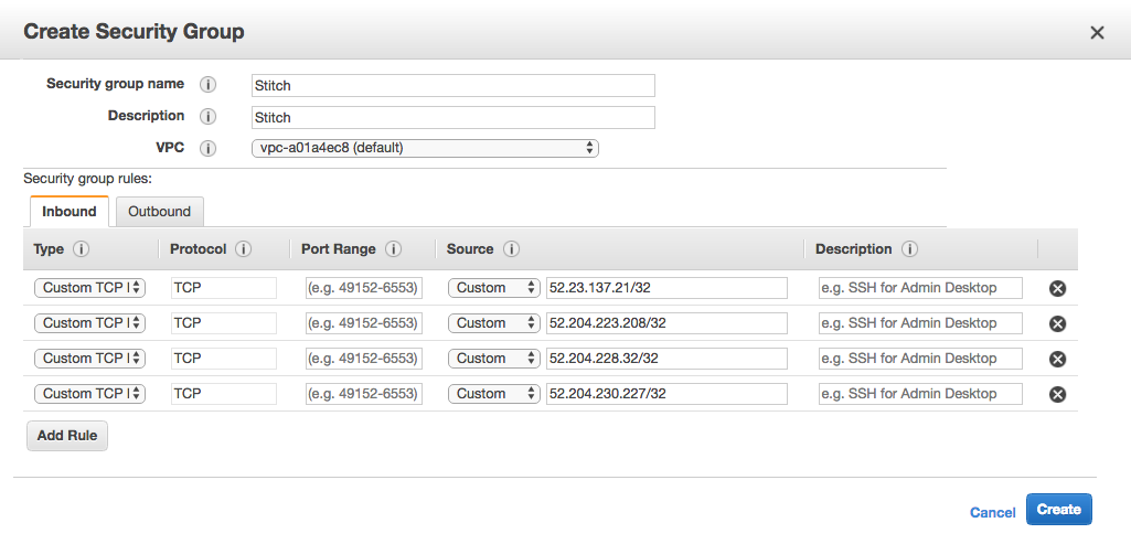 Whitelisting Stitch North America IP addresses through Inbound Security Group rules