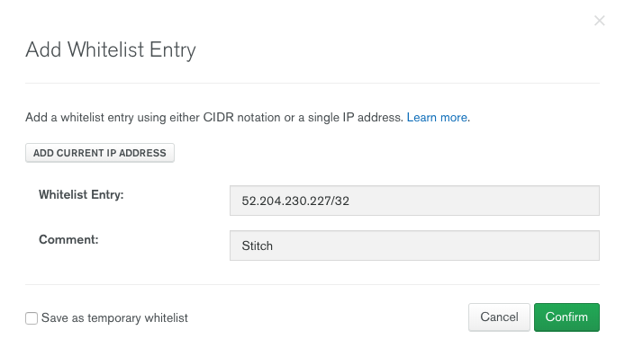 Add Whitelist Entry window for whitelisting IP addresses in MongoDB Atlas